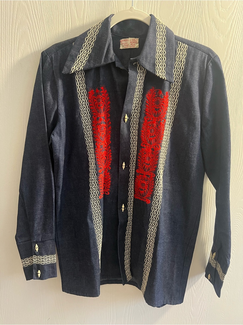 Vintage Mexican Guayabera Dress Shirt with Red Embroidered Panels